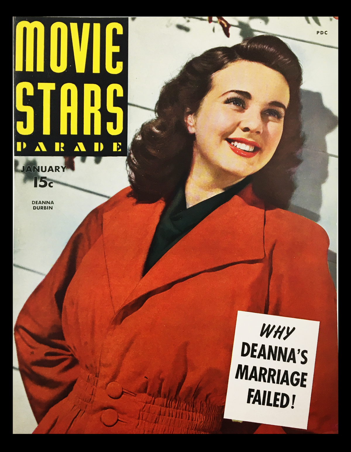 COVER ONLY from Movie Stars Parade Magazine January 1944 featuring Deanna Durbin in an orange coat, showcasing the headline 'WHY DEANNA'S MARRIAGE FAILED!'. Ideal for vintage cinema enthusiasts.