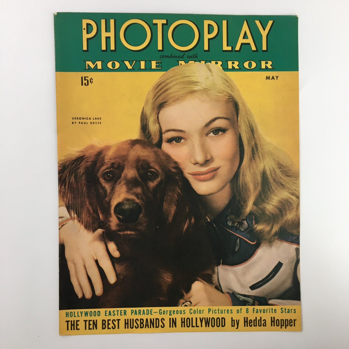 COVER ONLY Photoplay Movie Mirror Magazine May 1943 featuring Veronica Lake with a golden retriever. Vintage magazine cover showcasing classic Hollywood charm.