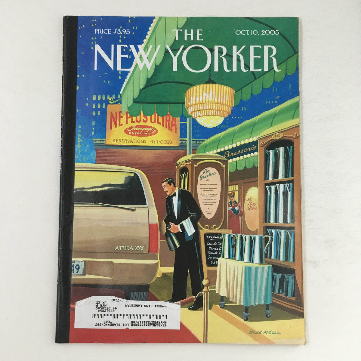 Cover of The New Yorker Full Magazine from October 10, 2005, featuring the artwork 'A Soupcon of Ethyl' by Bruce McCall, showcasing a night scene with an elegant man at a reservation counter.