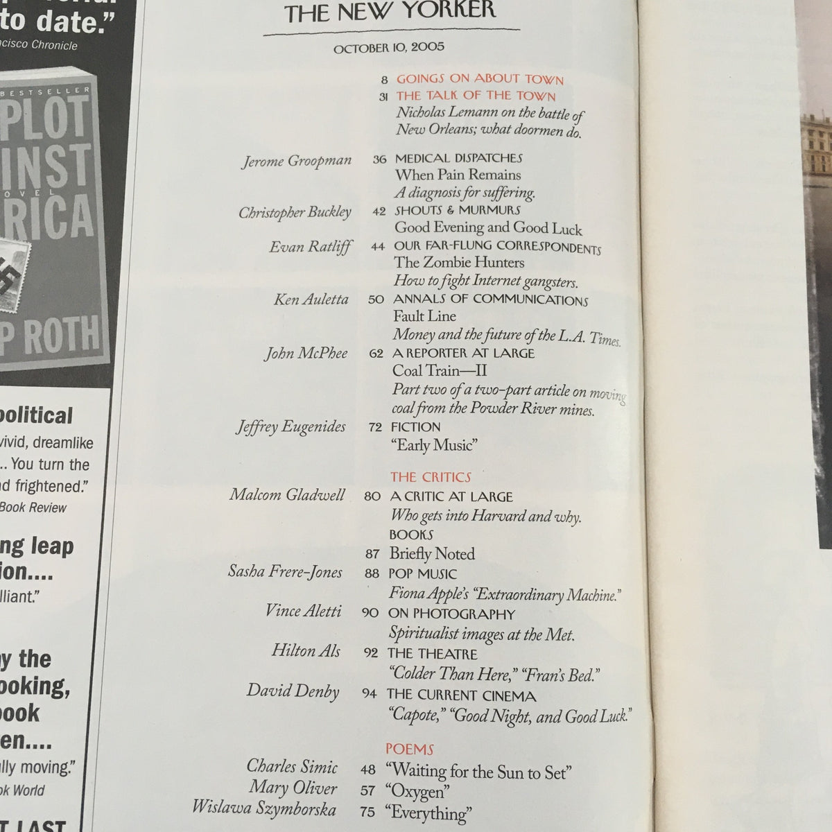 The New Yorker Full Magazine October 10, 2005, showcasing the table of contents featuring various articles and authors, including 'A Soupcon of Ethyl' by Bruce McCall, highlighting literary depth and cultural significance.