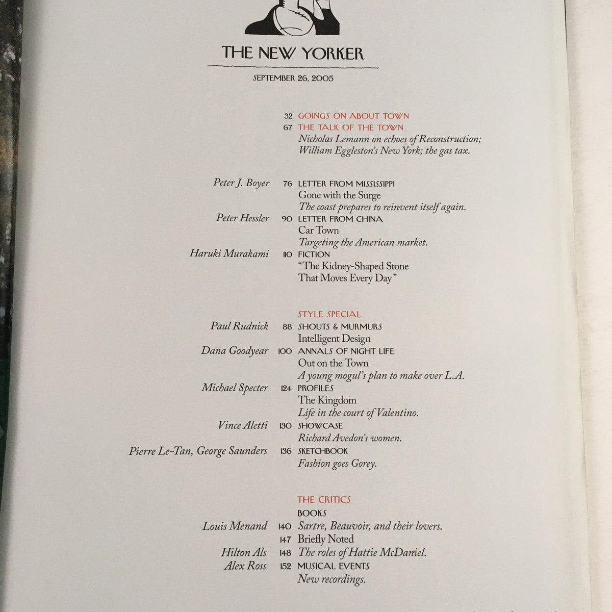 Interior page of The New Yorker Magazine September 26, 2005 featuring article titles and contributors, showcasing rich journalistic content and themes of reconstruction.