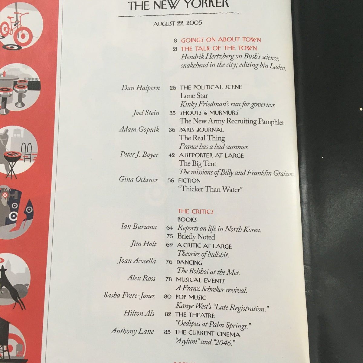 The New Yorker August 22 2005 interior page showcasing the table of contents, highlighting articles and contributors for this vintage magazine issue.