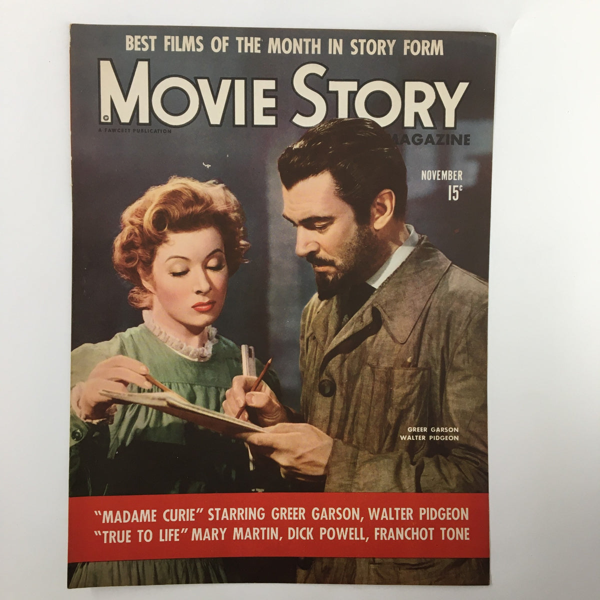 COVER ONLY Movie Story Magazine November 1943 featuring Greer Garson and Walter Pidgeon. A vintage magazine cover showcasing classic Hollywood stars with artistic design, ideal for collectors.