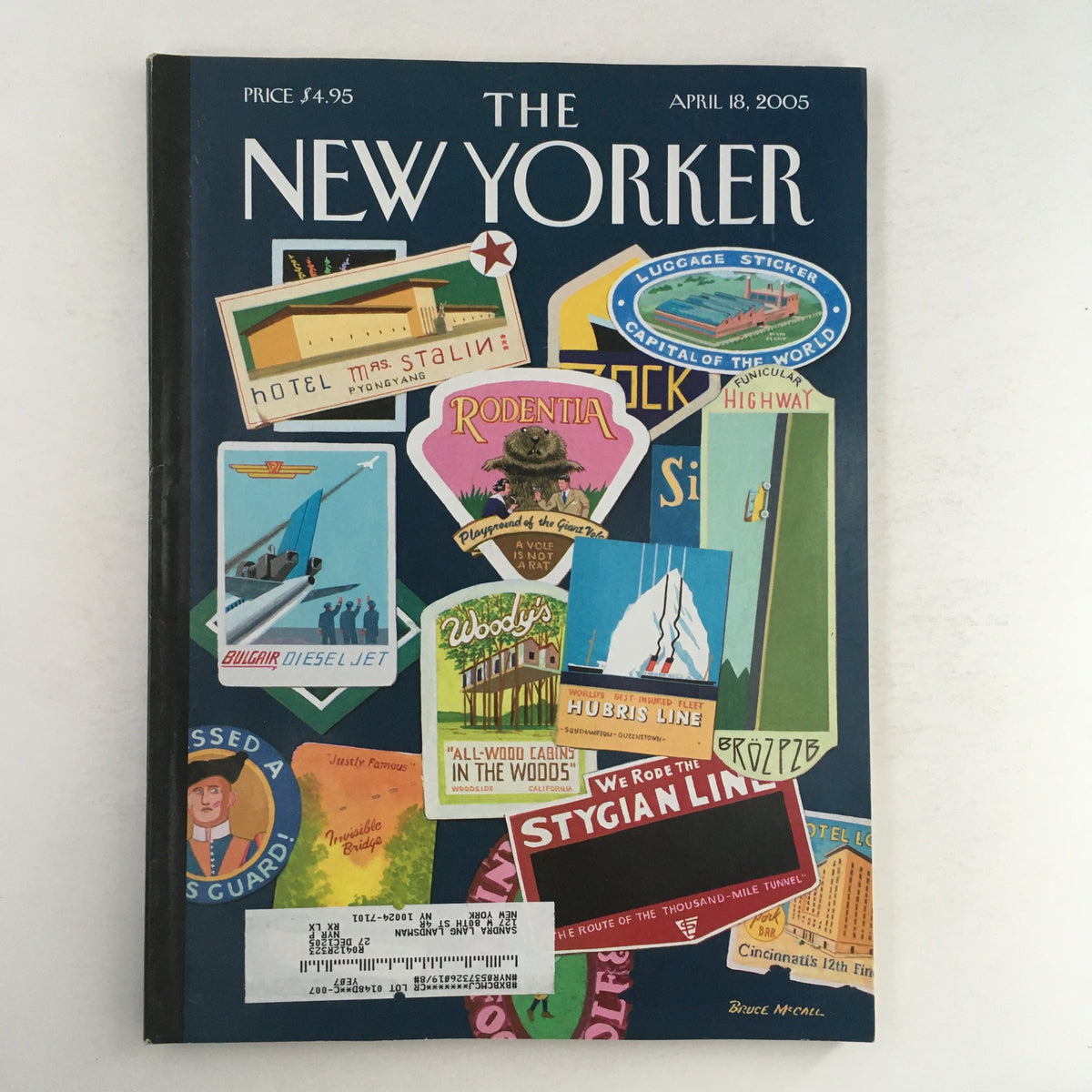 The New Yorker Full Magazine April 18 2005, featuring a vibrant cover with travel-related illustrations and stickers, encapsulating the theme of travel and adventure.