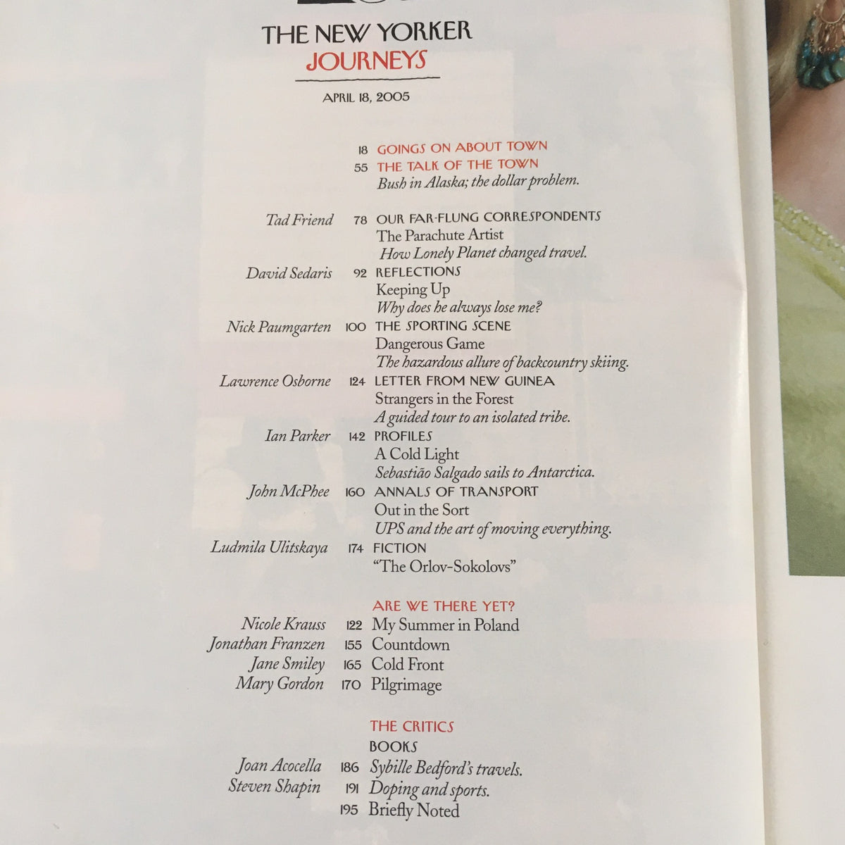 Table of contents from The New Yorker Full Magazine April 18 2005, highlighting articles and segments related to journeys and travel experiences.