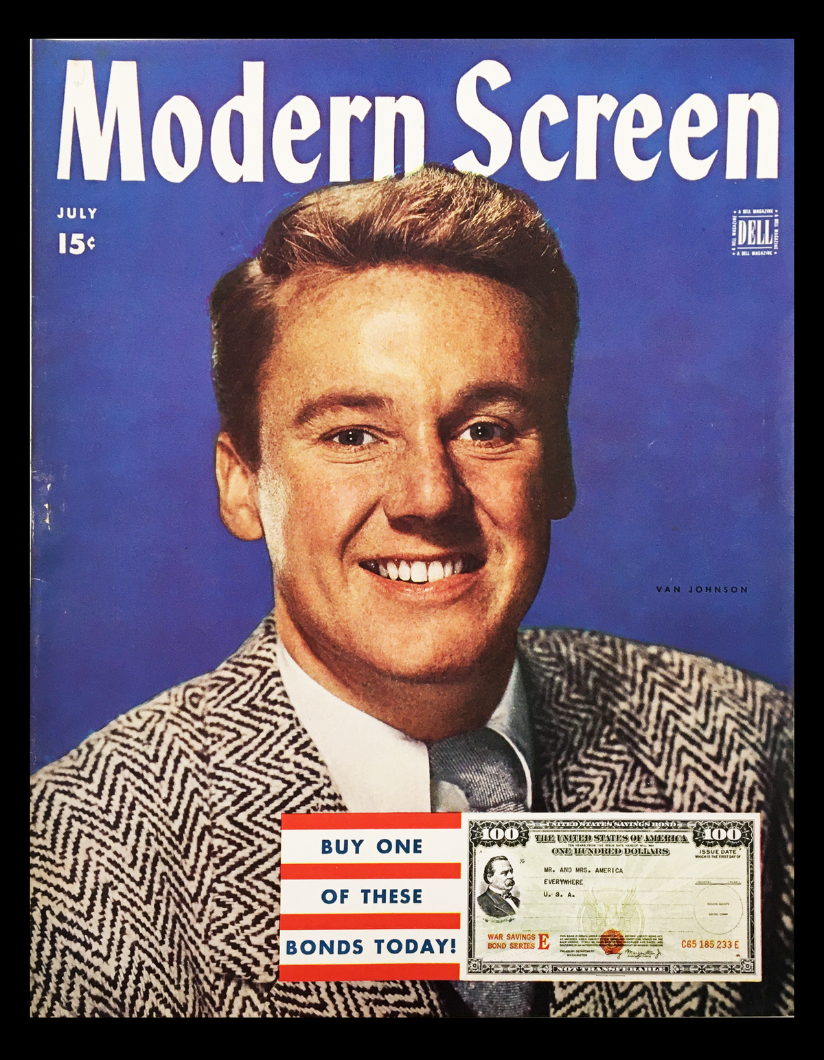 COVER ONLY Modern Screen Magazine July 1944 featuring Van Johnson, showcasing classic Hollywood with a vibrant blue background and advertisements for War Savings Bonds.