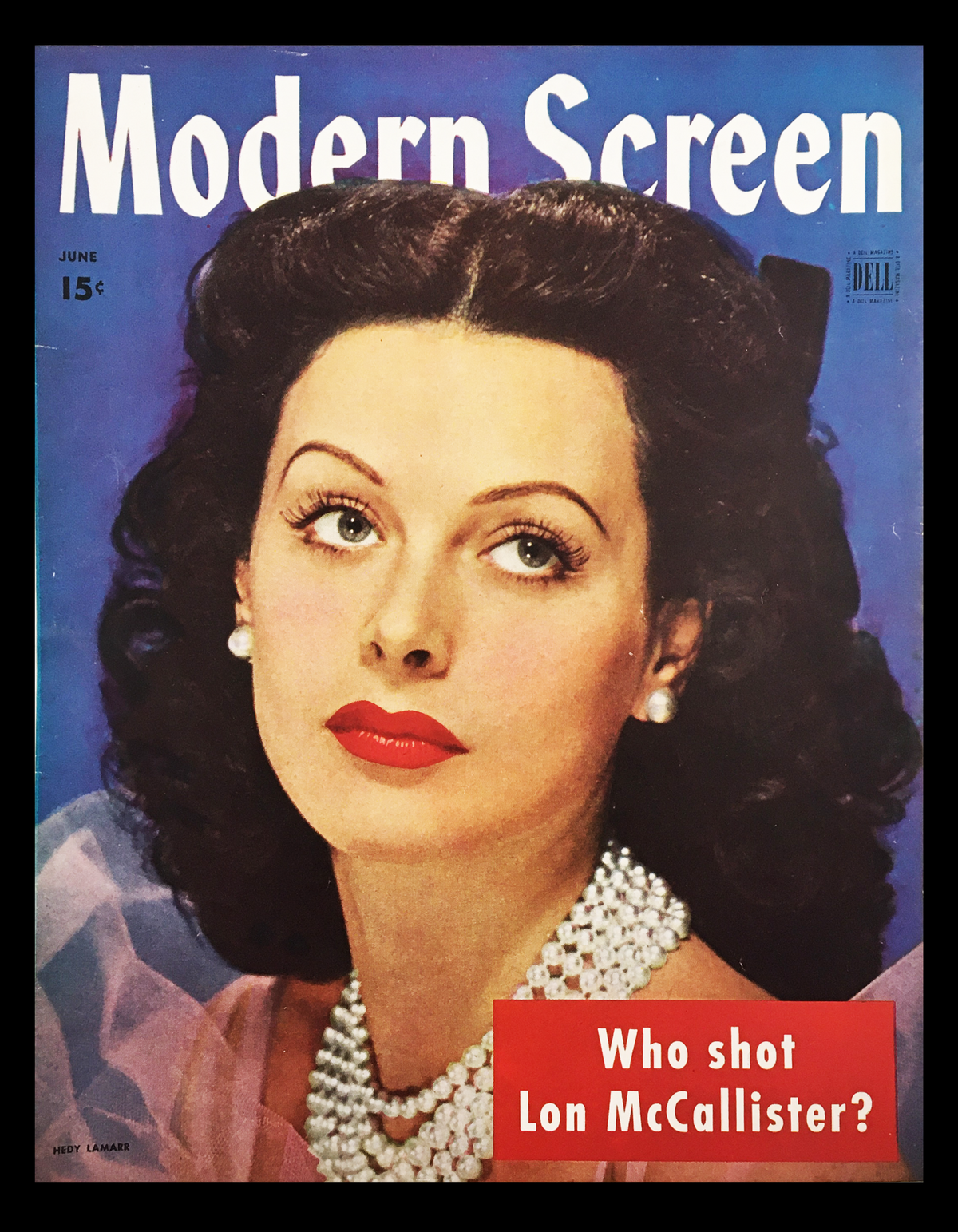 COVER ONLY Modern Screen Magazine June 1944 featuring an elegant vintage portrait of a glamorous woman with dark curled hair and pearls, asking 'Who shot Lon McCallister?'. This collectible magazine cover from the golden age of cinema is an ideal piece for home decor and a conversation starter.