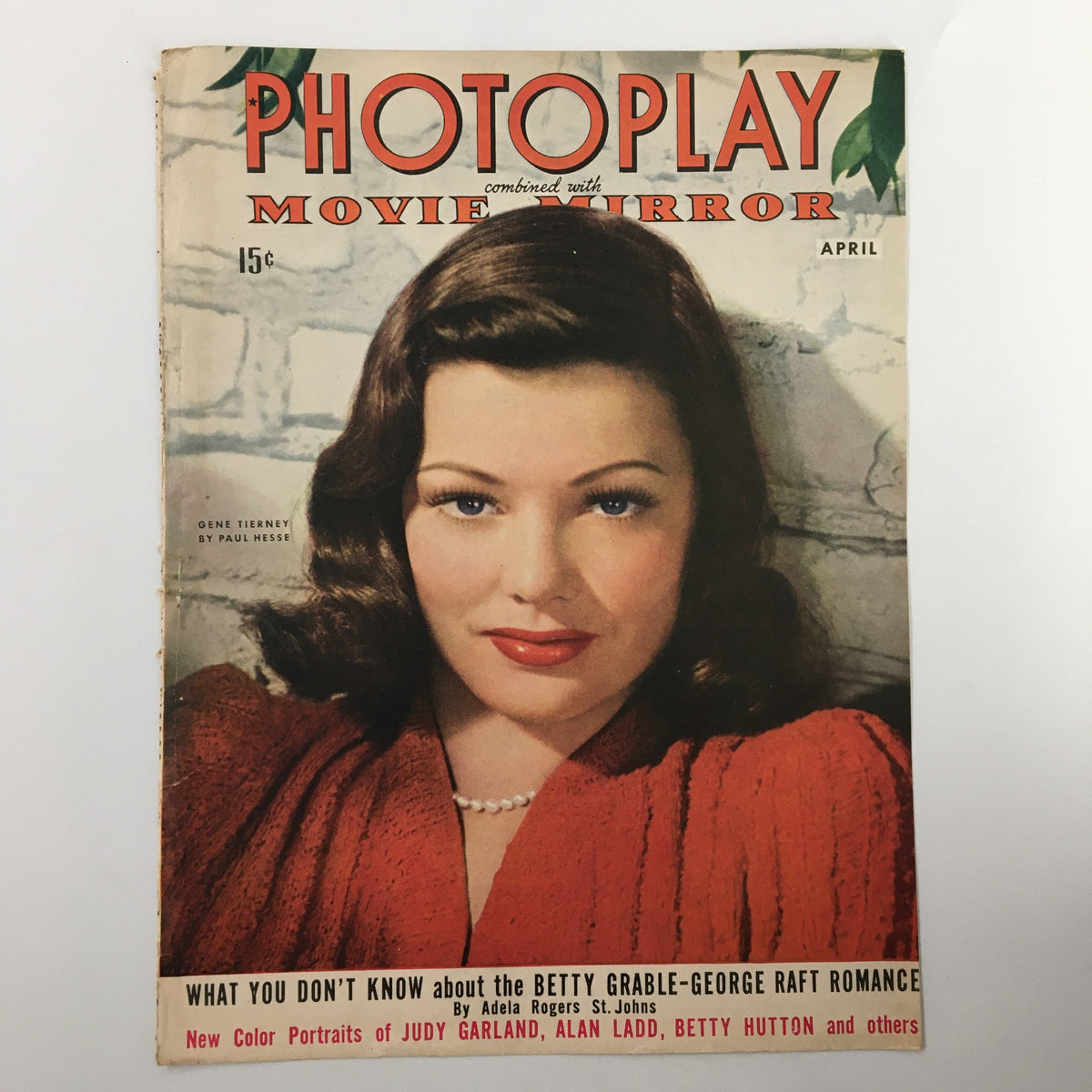 COVER ONLY of Photoplay Movie Mirror Magazine from April 1943 with an image of Gene Tierney. This vintage magazine cover features Gene Tierney's portrait, showcasing classic Hollywood allure and details from the publication.