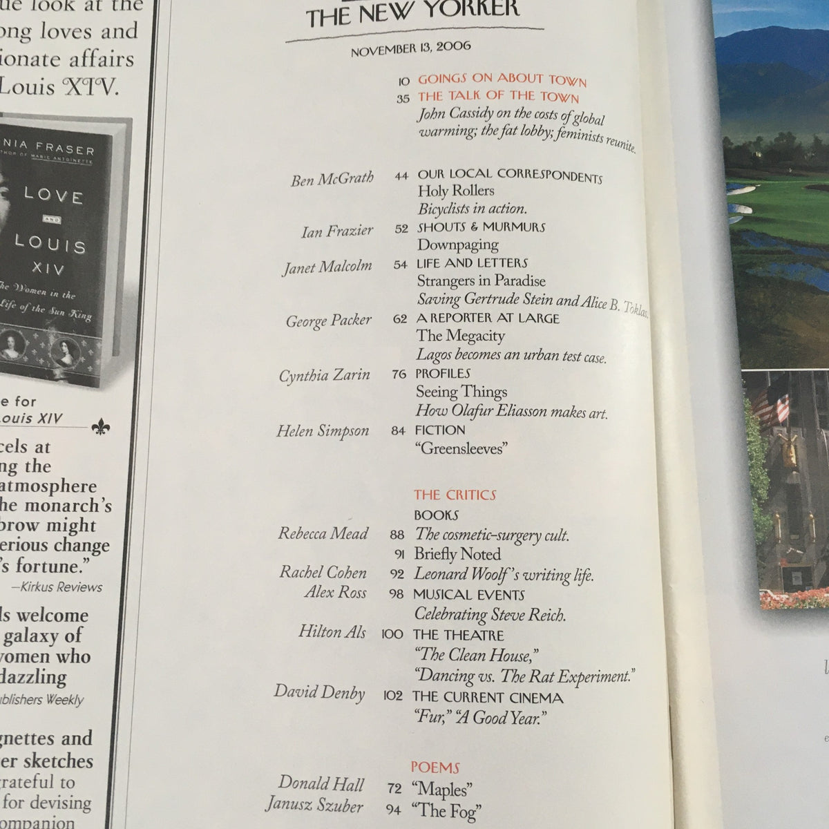 Contents page of The New Yorker Full Magazine, November 13, 2006, listing various articles and contributors including Ben McGrath, Janet Malcolm, and George Parker, reflecting the magazine's diverse literary offerings.