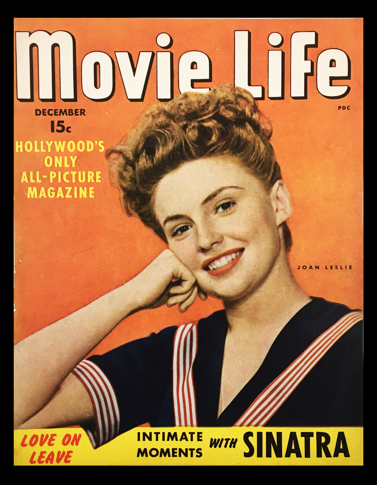 COVER ONLY Movie Life Magazine December 1943 featuring Joan Leslie with a bright orange background, showcasing Hollywood's only all-picture magazine, highlighting intimate moments with Sinatra.