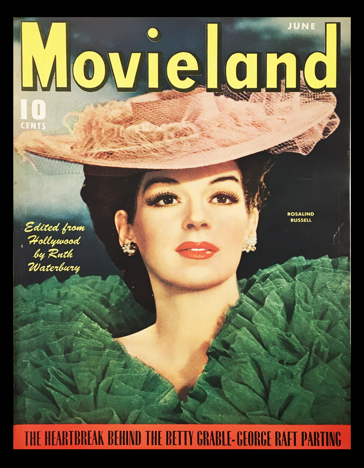 COVER ONLY Movieland Magazine June 1943 featuring actress Rosalind Russell, showcasing vintage Hollywood charm with a colorful cover illustration.