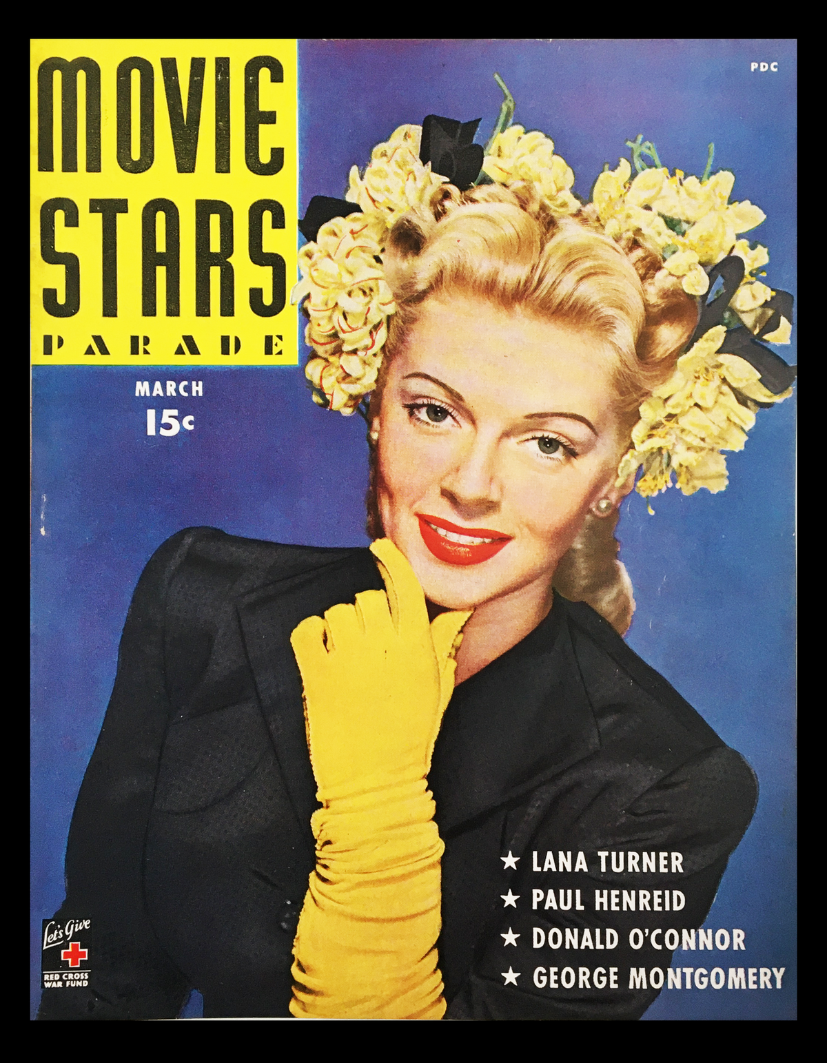 COVER ONLY Movie Stars Parade March 1944 featuring Lana Turner and Paul Henreid. Vintage magazine cover with vibrant colors, showcasing glamorous Hollywood fashion and classic cinema appeal.