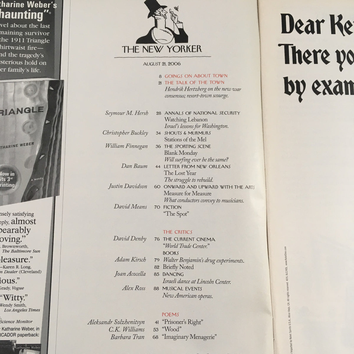 Inside page of The New Yorker Magazine August 21 2006 featuring a table of contents listing articles and contributors, including Seymour M. Hersh and Christopher Buckley.
