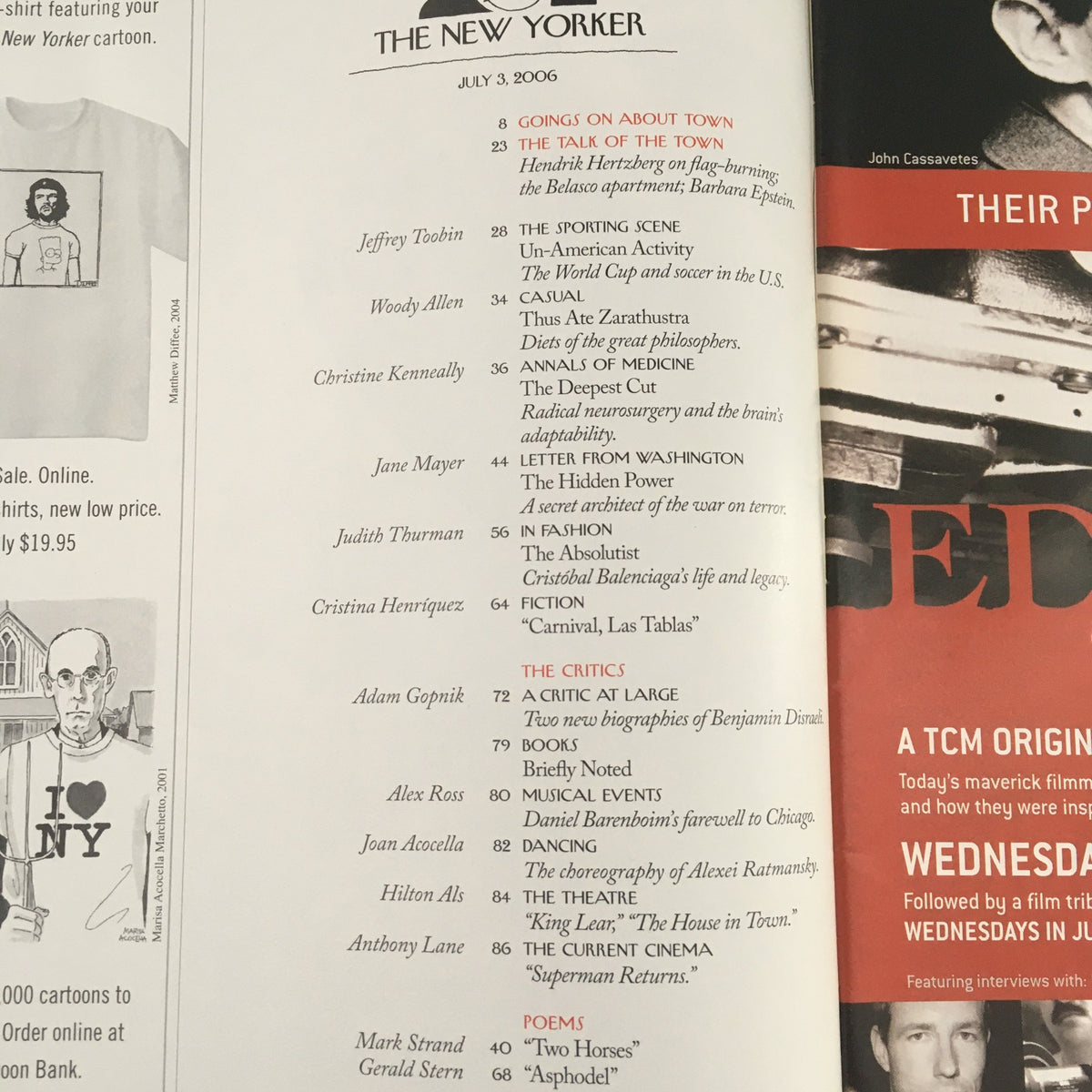 Inside page of The New Yorker Full Magazine, July 3, 2006, displaying the table of contents and articles from the edition, highlighting contributions by various authors.