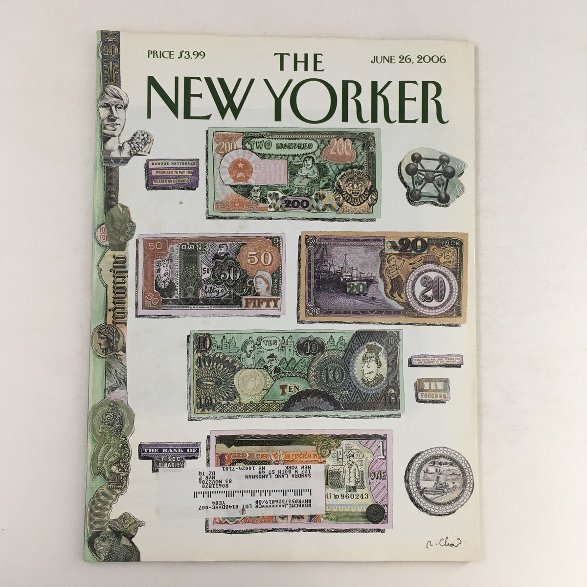 The New Yorker magazine cover from June 26, 2006 featuring a collage of various banknotes and currency illustrations, highlighting the theme of 'Mad Money' by Roz Chast.