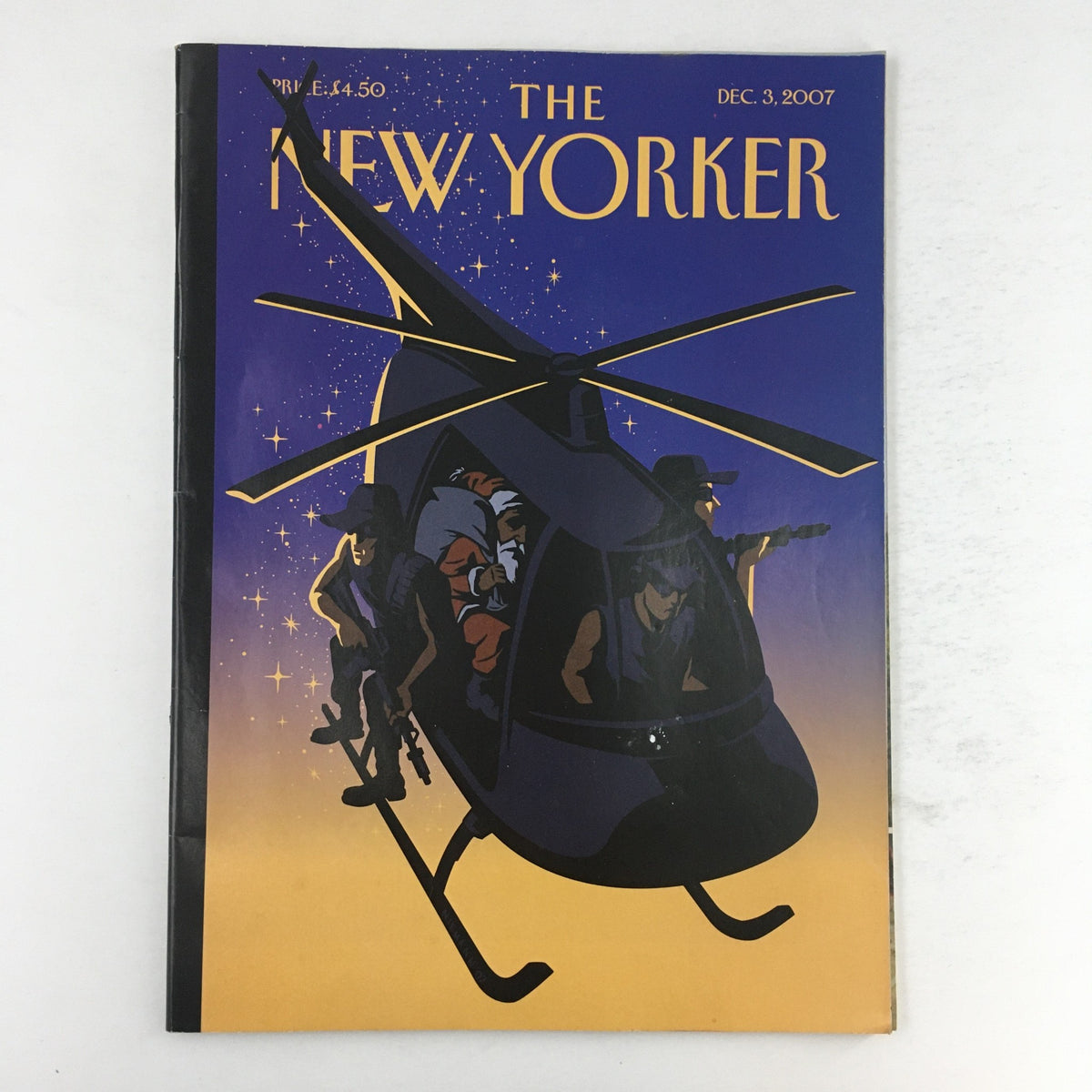 The New Yorker Magazine December 3 2007 cover featuring 'Violent Night' by Christoph Niemann, showcasing a dramatic illustration of armed figures descending from a helicopter against a twilight backdrop.