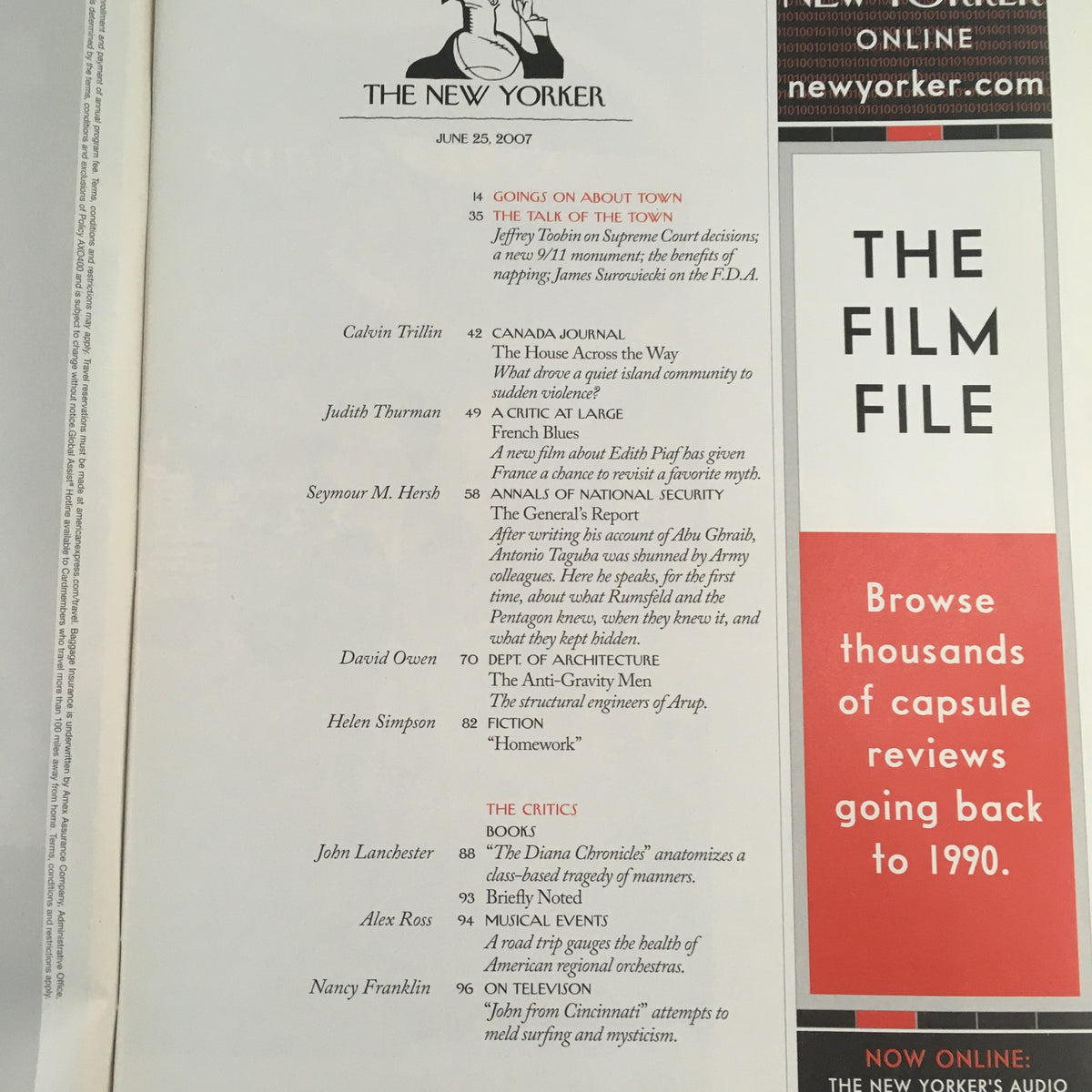 The New Yorker June 25 2007 Full Magazine Theme Cover by Lou Romano, showcasing the table of contents including featured articles like 'Going on About Town', 'Canada Journal', 'The Film File', and more. This image highlights the magazine's engaging layout and cultural insights from the mid-2000s.