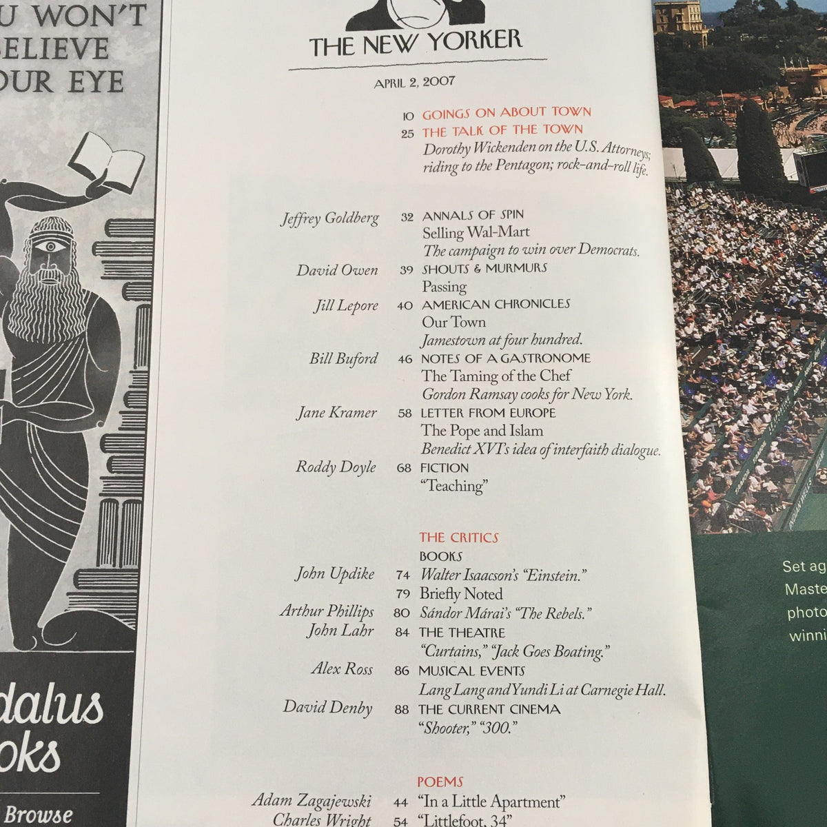 Inside page of The New Yorker Full Magazine April 2 2007 showcasing the table of contents, highlighting articles and contributors for that issue.