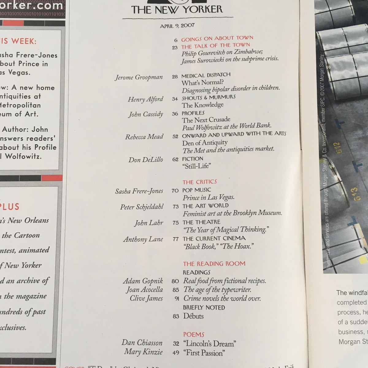 Table of contents for The New Yorker Magazine, April 9, 2007, featuring sections on art, culture, and critiques, including contributions from notable writers and the captivating illustrations by Christoph Niemann.
