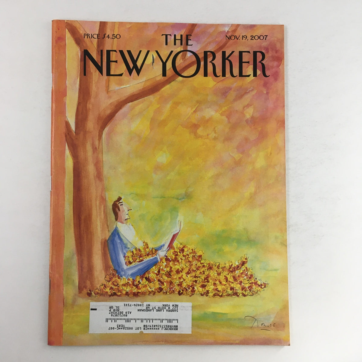 Cover of The New Yorker Magazine November 19 2007 featuring autumn-themed illustration, showcasing a figure reading surrounded by colorful fallen leaves.