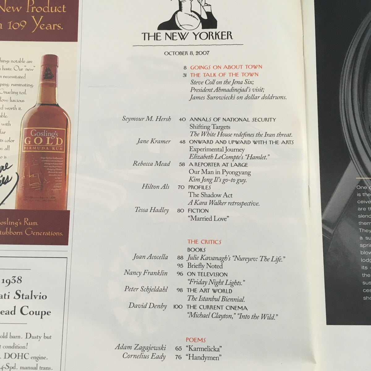 Table of contents from The New Yorker magazine, October 8, 2007, featuring featured articles such as 'Going On About Town,' 'Married Love,' and book reviews. Highlights the creative works and cultural commentary of the time.