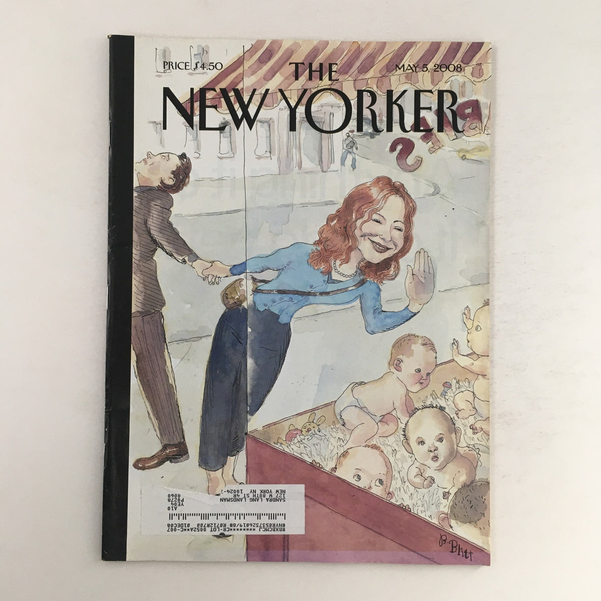 Cover of The New Yorker Full Magazine May 5, 2008 featuring the illustration 'Pick-A-Baby' by Barry Blitt, depicting a whimsical scene with a woman greeting the viewer alongside babies.