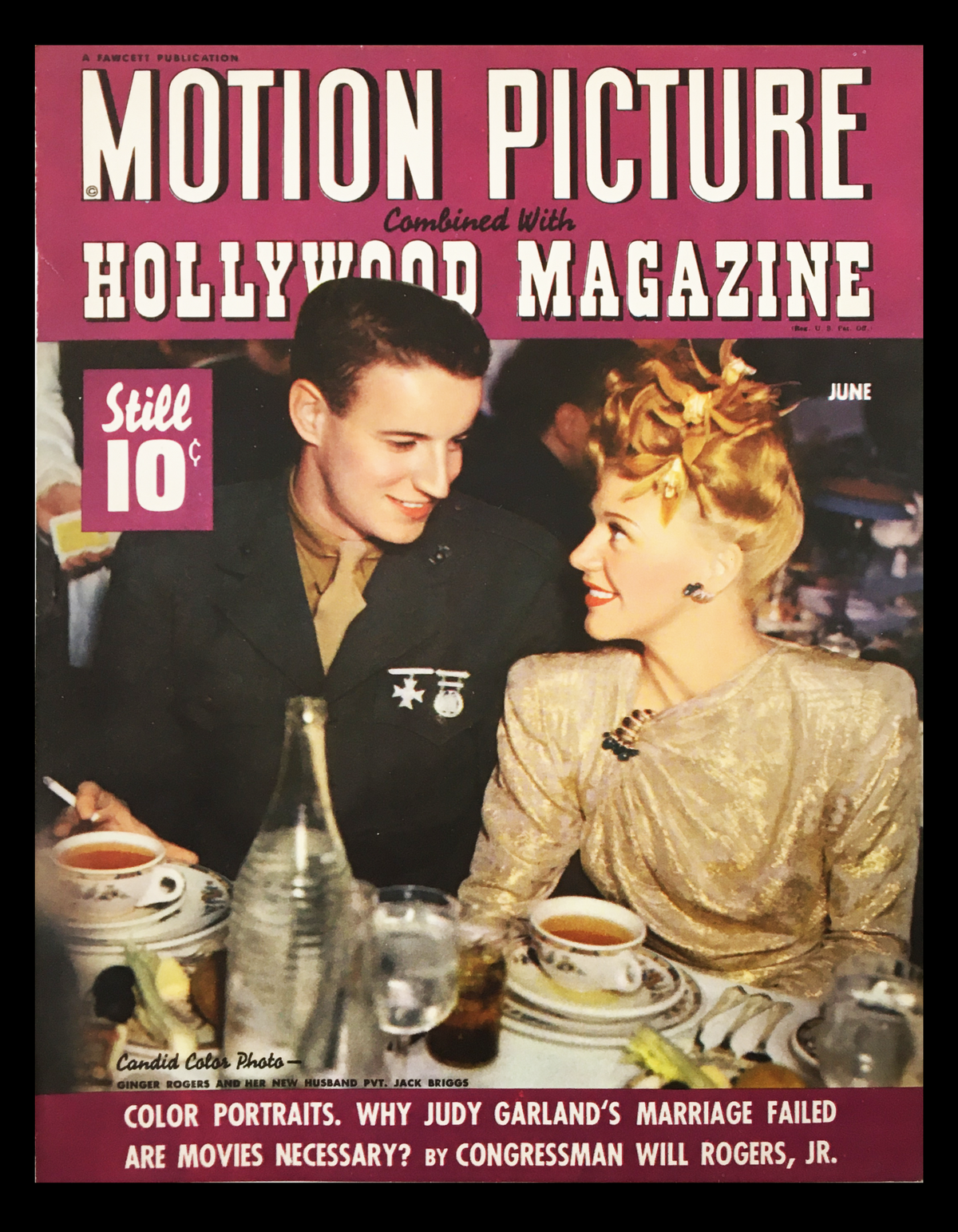 Vintage cover of 'COVER ONLY Motion Picture Hollywood Magazine June 1943', featuring a color illustration of Ginger Rogers and her husband Pvt. Jack Briggs at a dining table, showcasing classic Hollywood glamour.