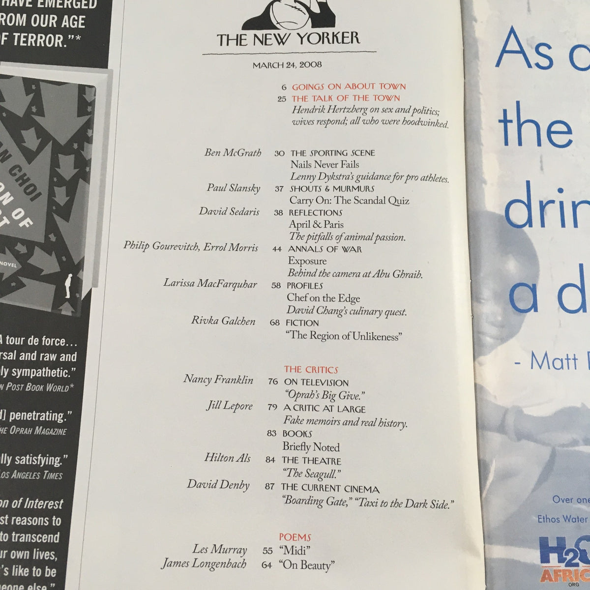 Interior pages of The New Yorker Full Magazine March 24, 2008 showcasing the table of contents, highlighting engaging articles and features available in this edition.