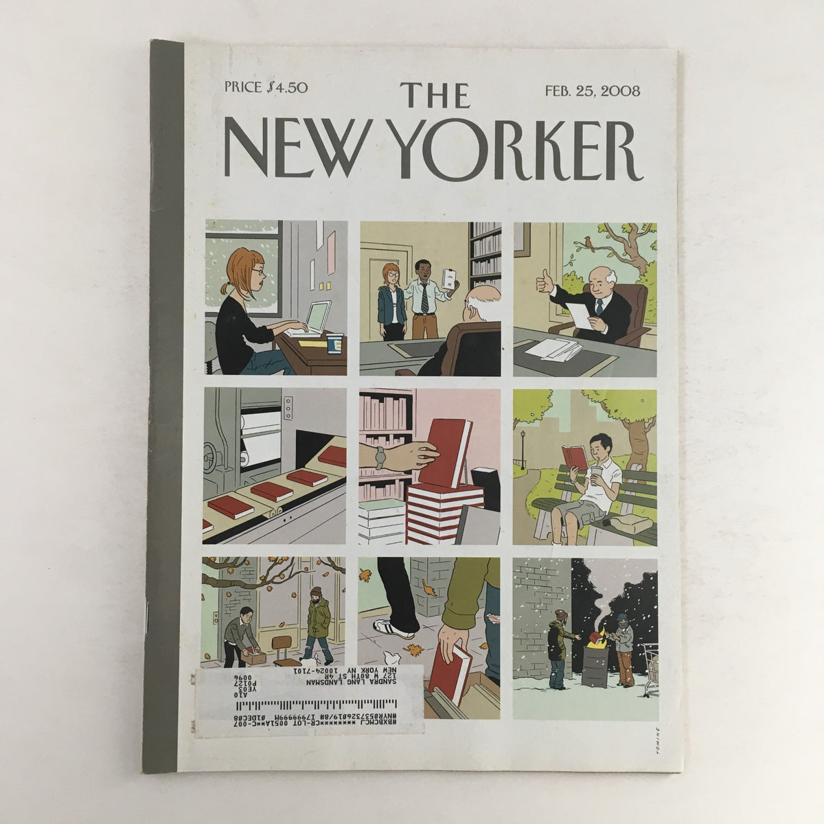 The New Yorker Full Magazine February 25 2008 cover featuring 'The Red Book' illustration by Adrian Tomine, showcasing a vivid depiction of various characters in distinct scenarios.