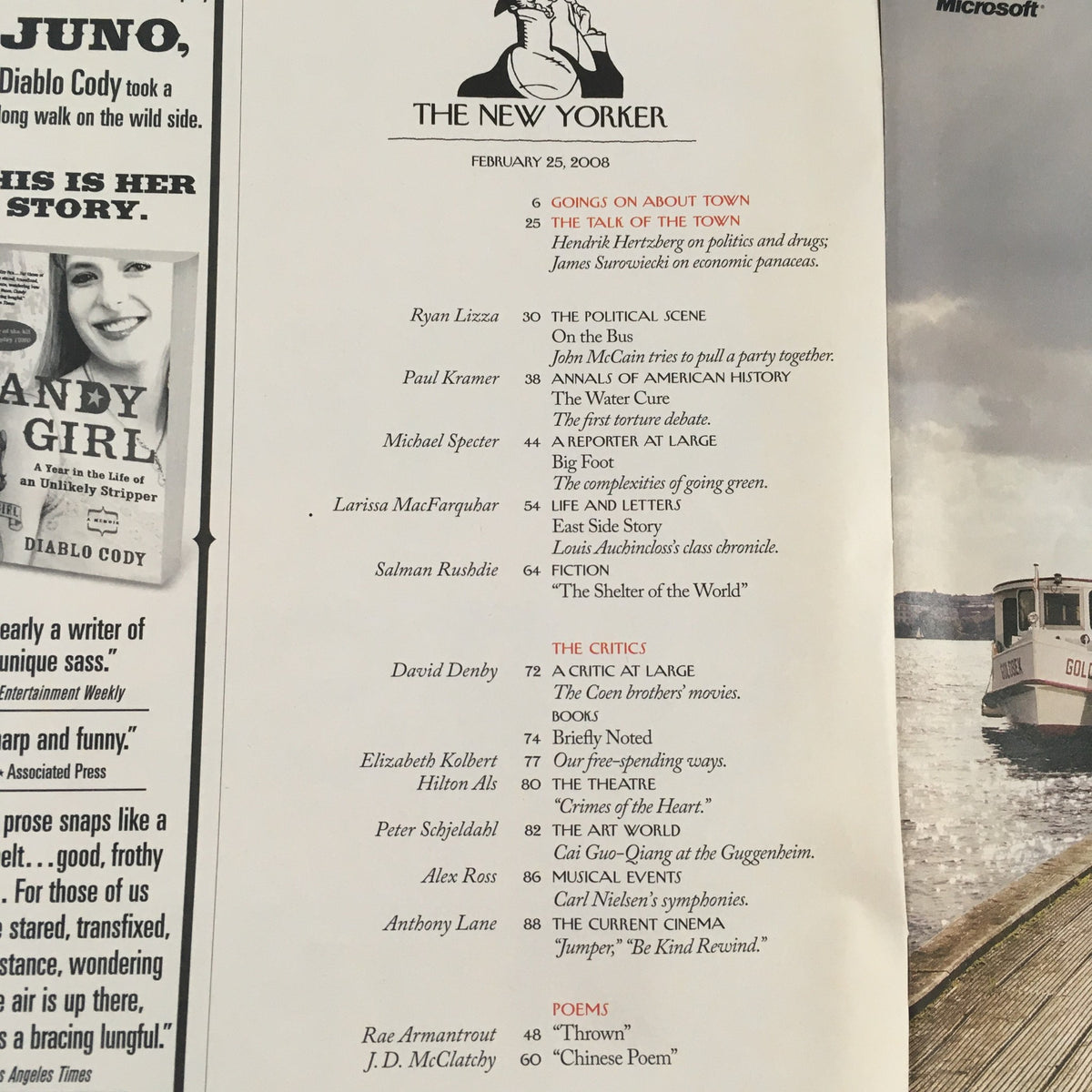 Interior page from The New Yorker Full Magazine February 25 2008, displaying the table of contents with a list of featured articles and contributors for this issue.