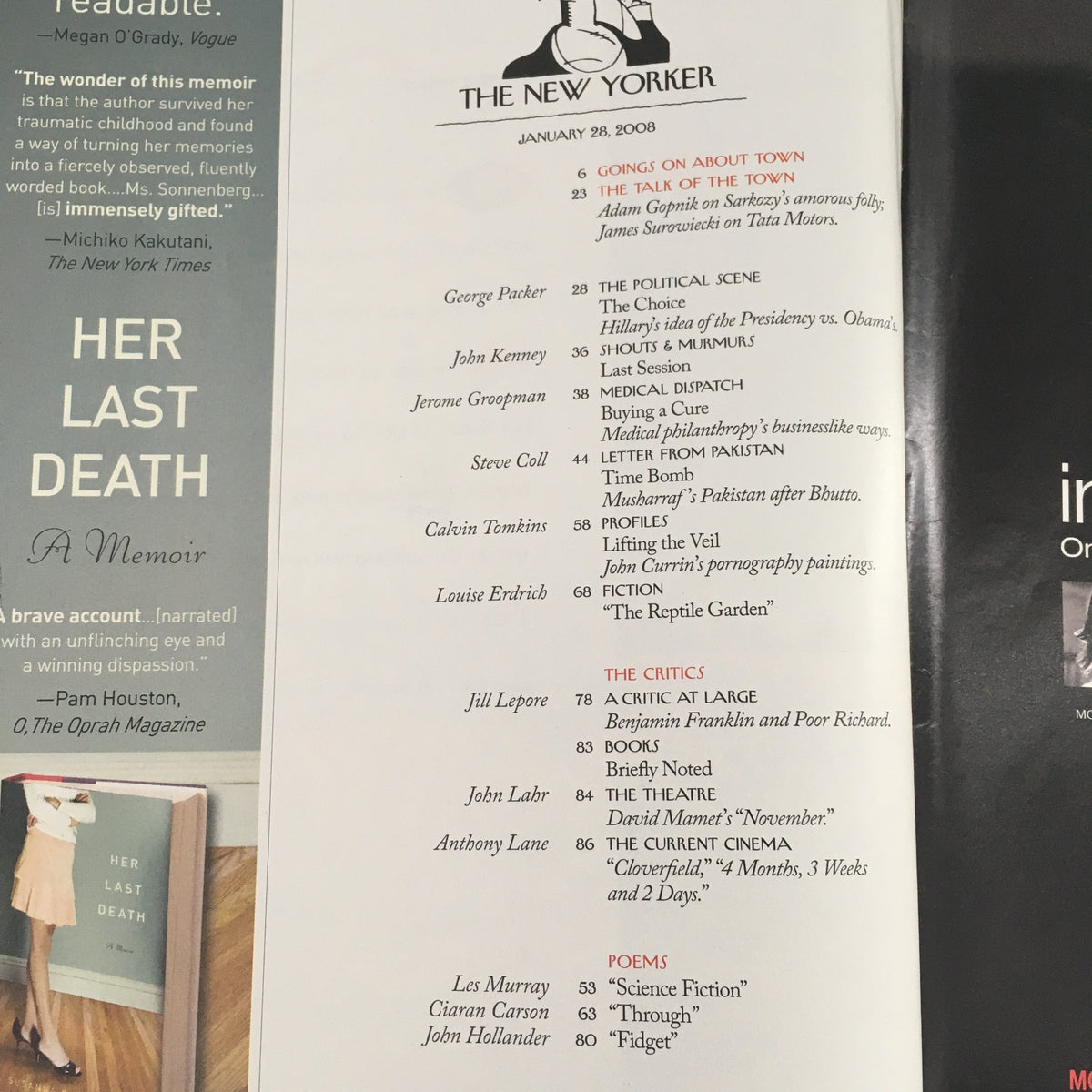 Interior page of The New Yorker Full Magazine from January 28, 2008, listing articles and contributors including George Saunders, Libby Copeland, and Anthony Lane.