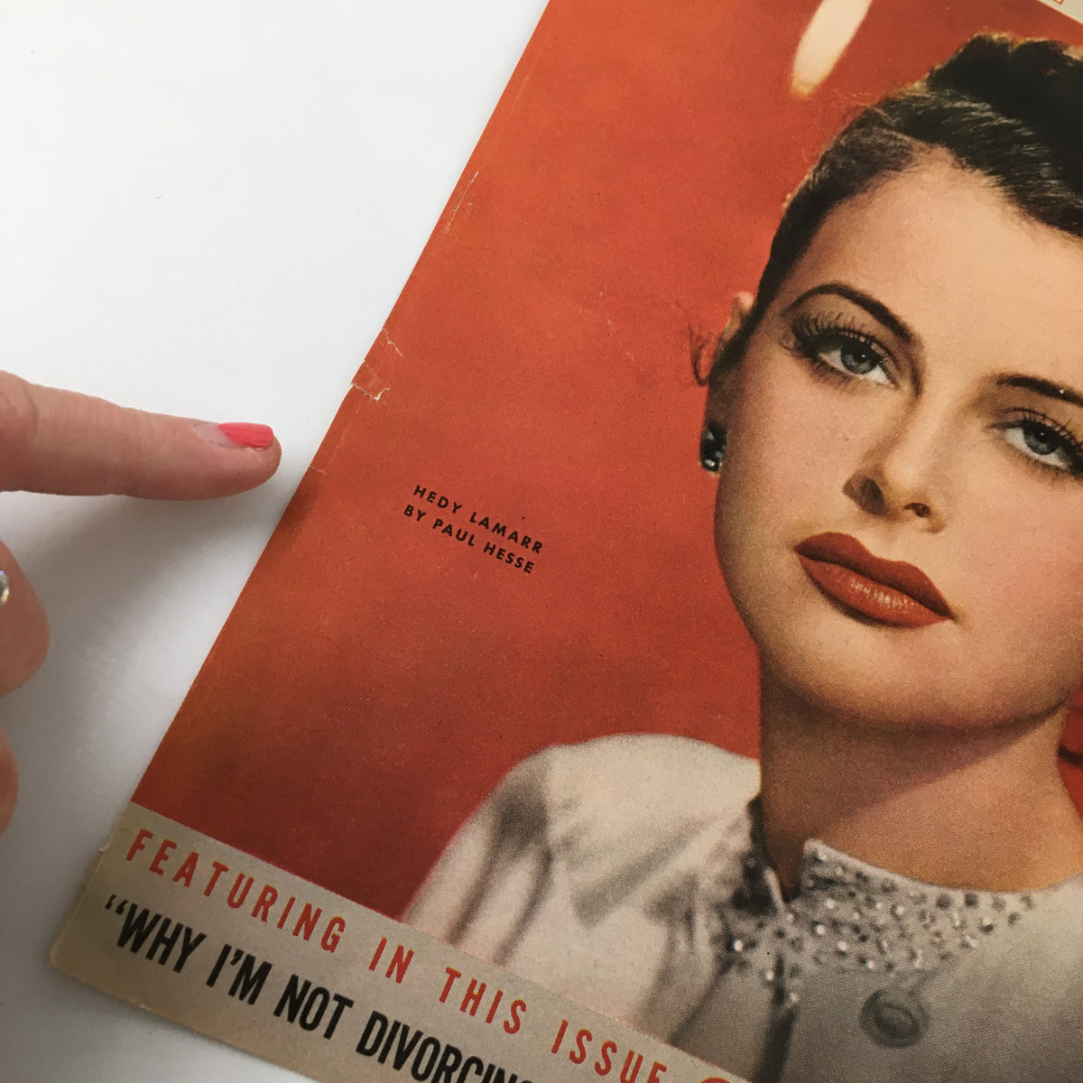 COVER ONLY Photoplay Movie Mirror Magazine January 1943 featuring Hedy Lamarr, showcasing the actress's elegant portrait against a vibrant red background, with a note indicating the photographer Paul Hesse. This vintage magazine cover highlights the glamour of classic Hollywood.