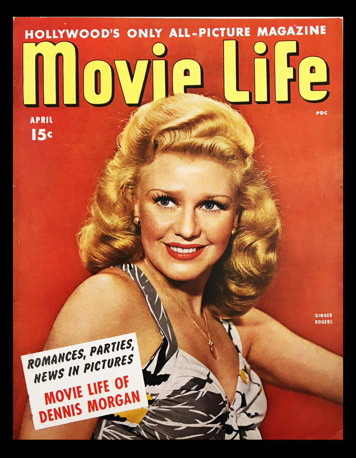 COVER ONLY Movie Life Magazine April 1944 featuring Ginger Rogers. Vintage magazine cover showcasing the glamour of Hollywood's golden age with bold lettering and a striking image of the iconic actress.