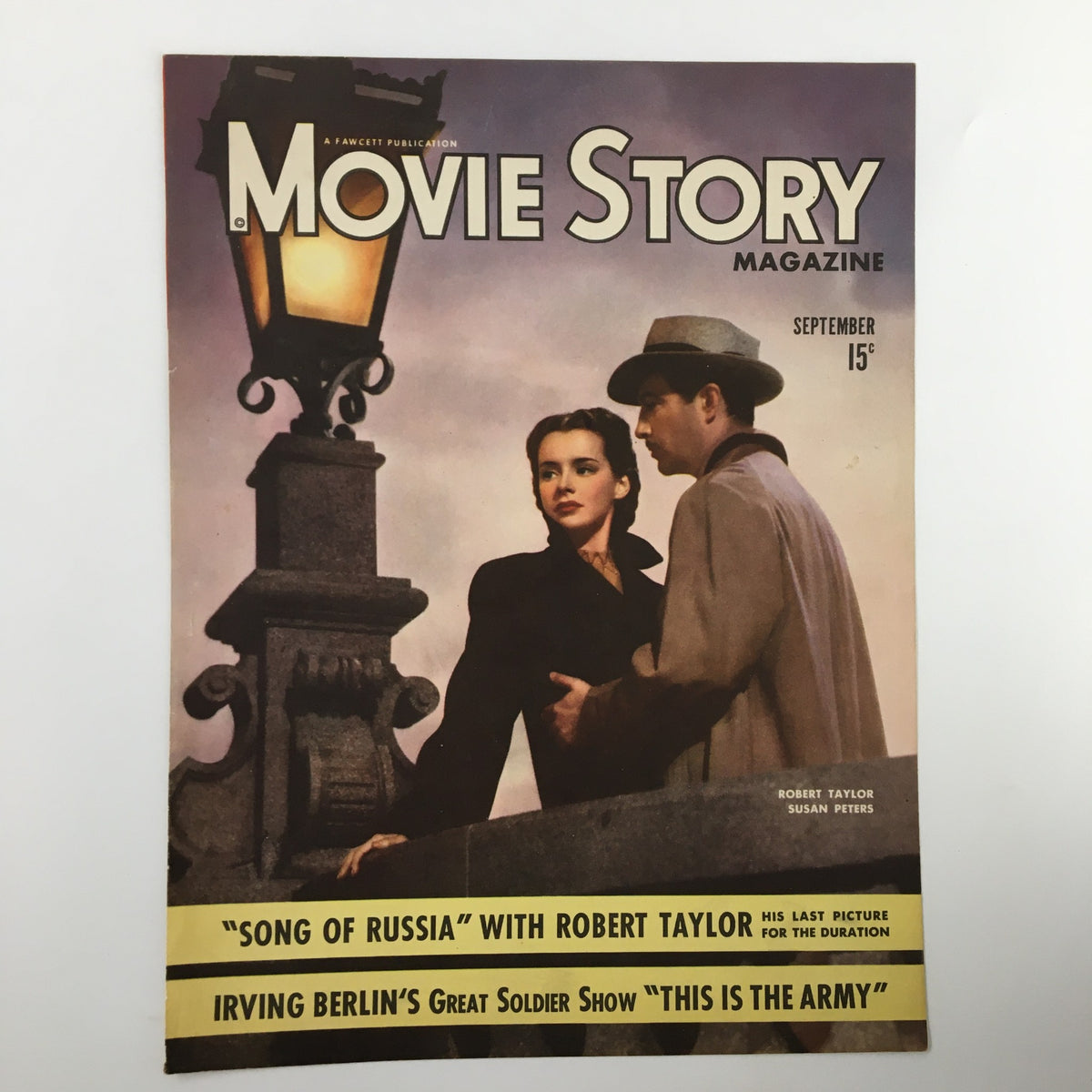 COVER ONLY Movie Story September 1943 featuring Robert Taylor and Susan Peters. This collectible magazine cover highlights iconic styles and themes of its time, perfect for vintage magazine enthusiasts.