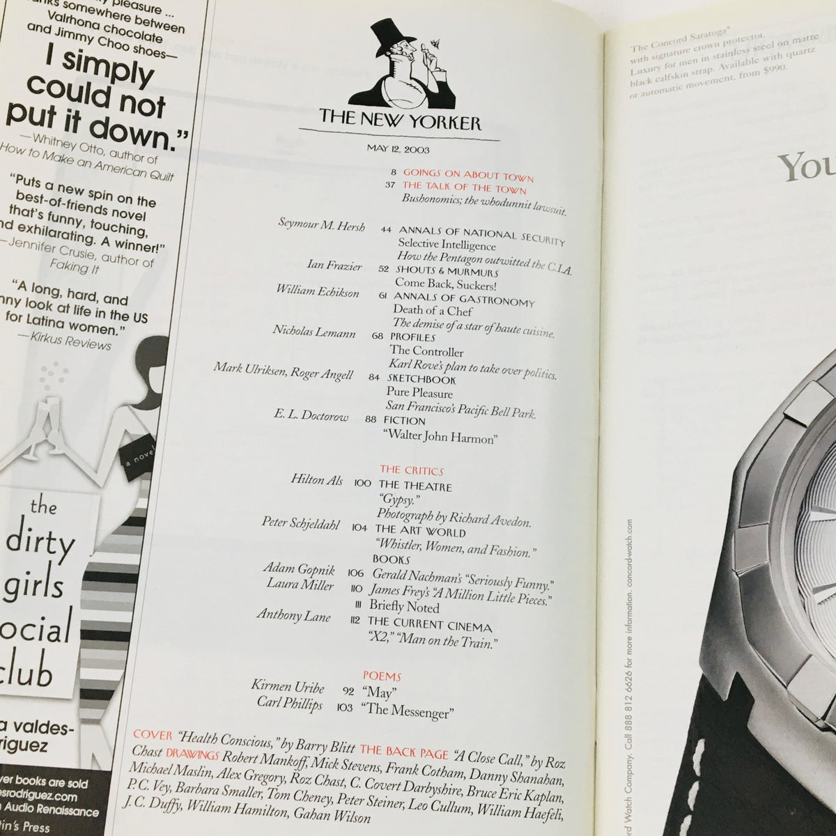 Interior page of The New Yorker Full Magazine May 12 2003, displaying the magazine's table of contents and highlights, emphasizing literary and artistic contributions.