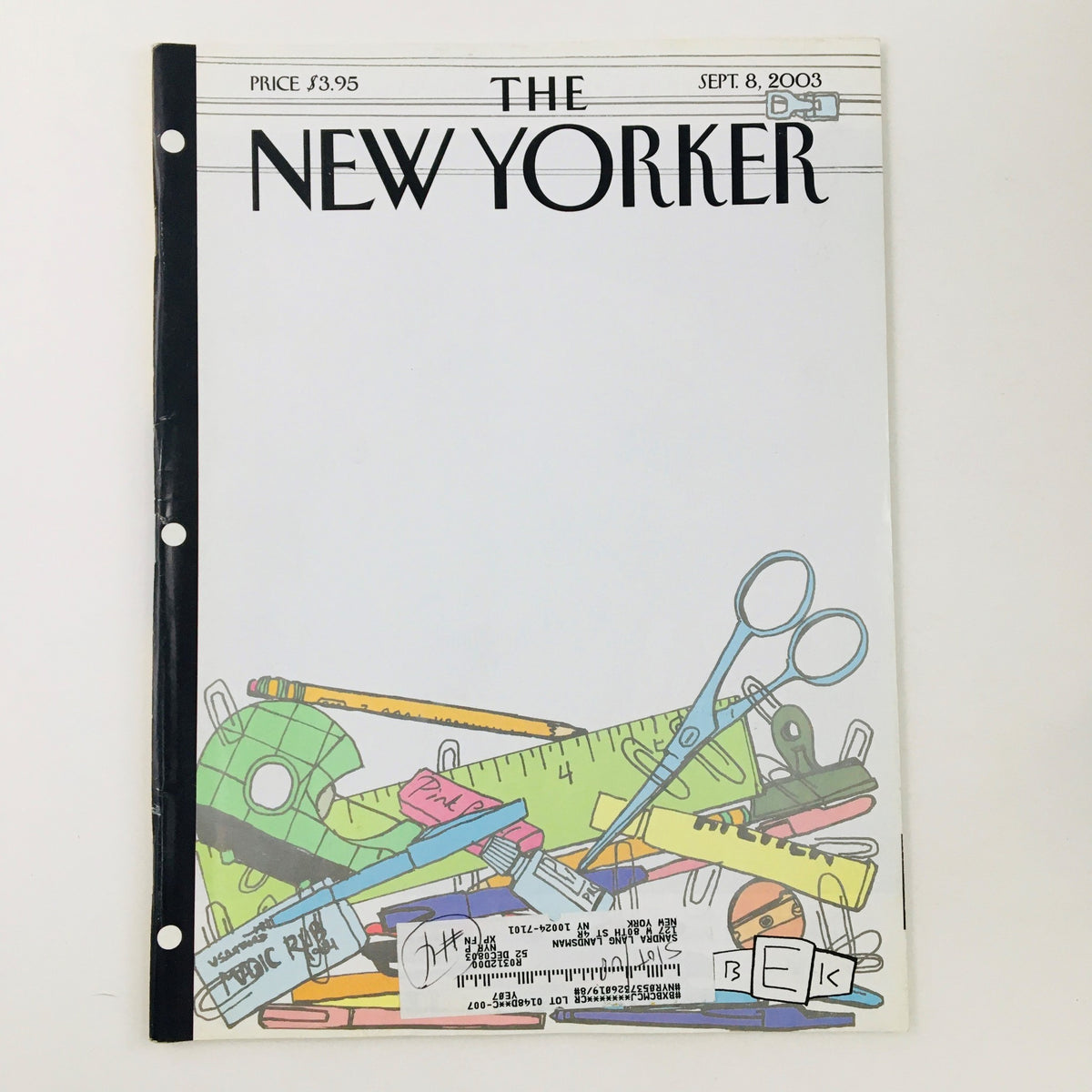 Cover of The New Yorker Full Magazine September 8 2003 featuring an illustration of school supplies by Bruce Eric Kaplan.