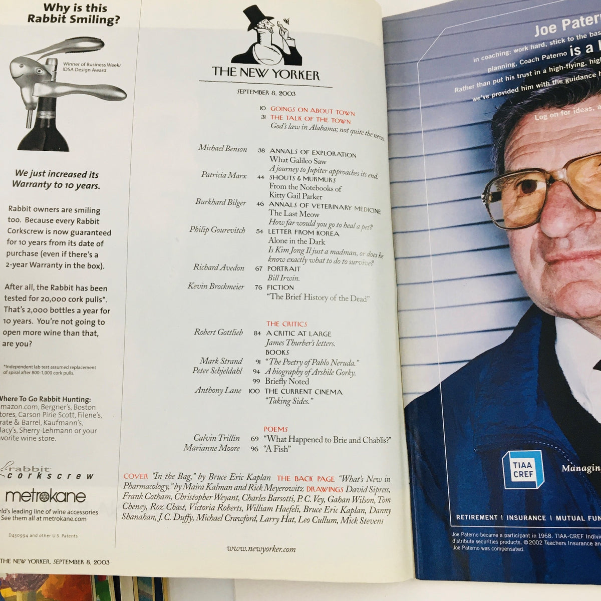 Inside page of The New Yorker Full Magazine September 8 2003 displaying content and articles, including a profile on Joe Paterno.