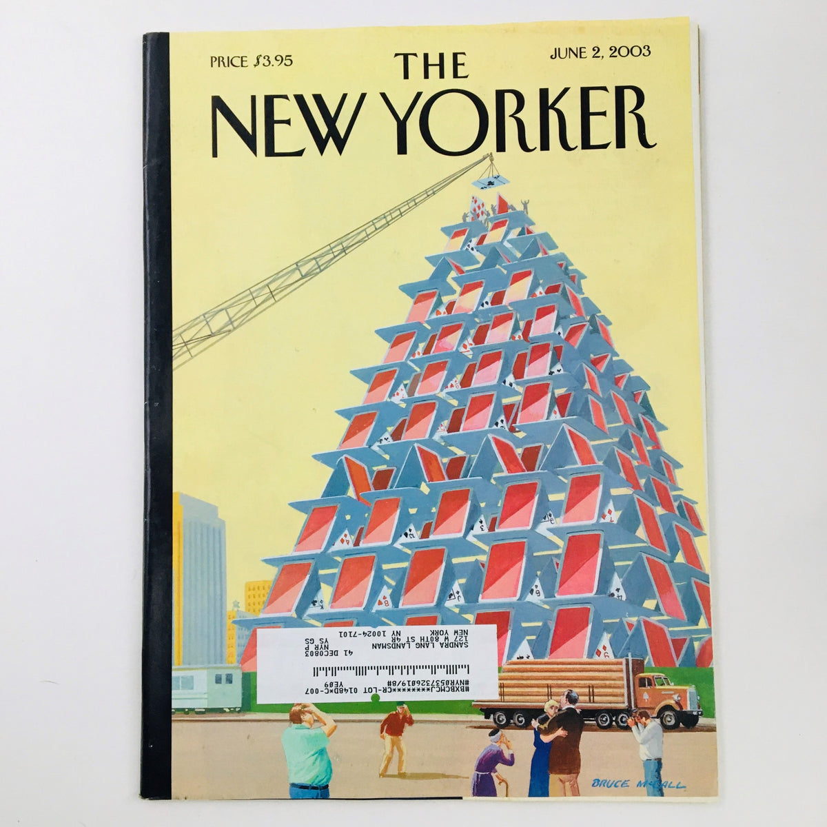 The New Yorker Full Magazine June 2, 2003 featuring cover art 'House of Cards' by Bruce McCall, depicting a colorful pyramid of playing cards with a construction scene.