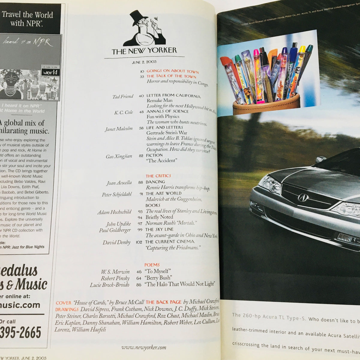 Interior page of The New Yorker Full Magazine June 2, 2003 showing articles and features, including a list of contents and a photo of an Acura TL Type-S.