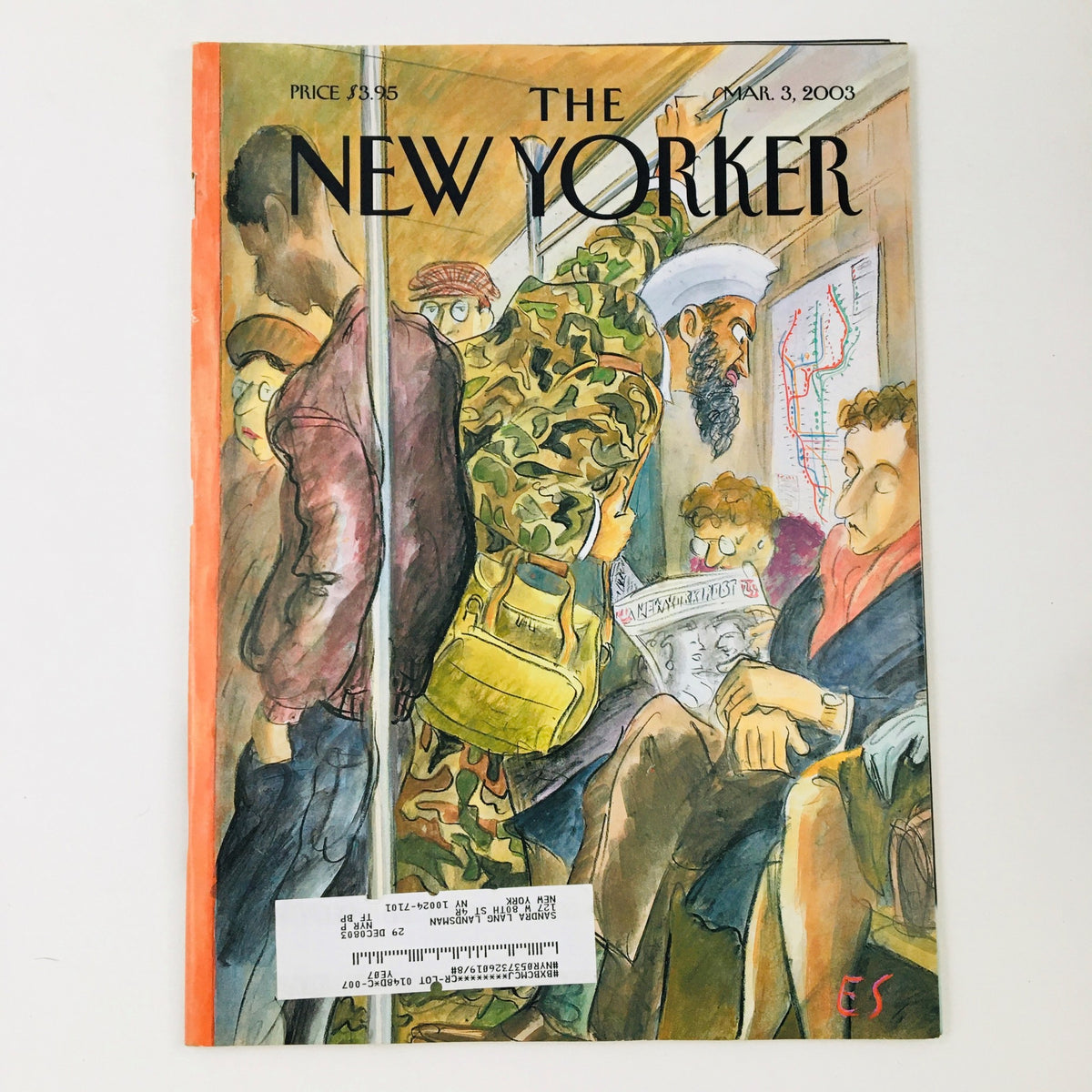 Cover of The New Yorker magazine from March 3, 2003, featuring the artwork titled 'Tourist' by Edward Sorel, depicting a crowded subway scene.