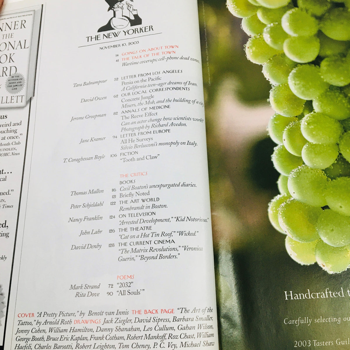 Interior page of The New Yorker Magazine dated November 10 2003, highlighting an article list and contributors, including the poem '2032' and discussions of contemporary topics.