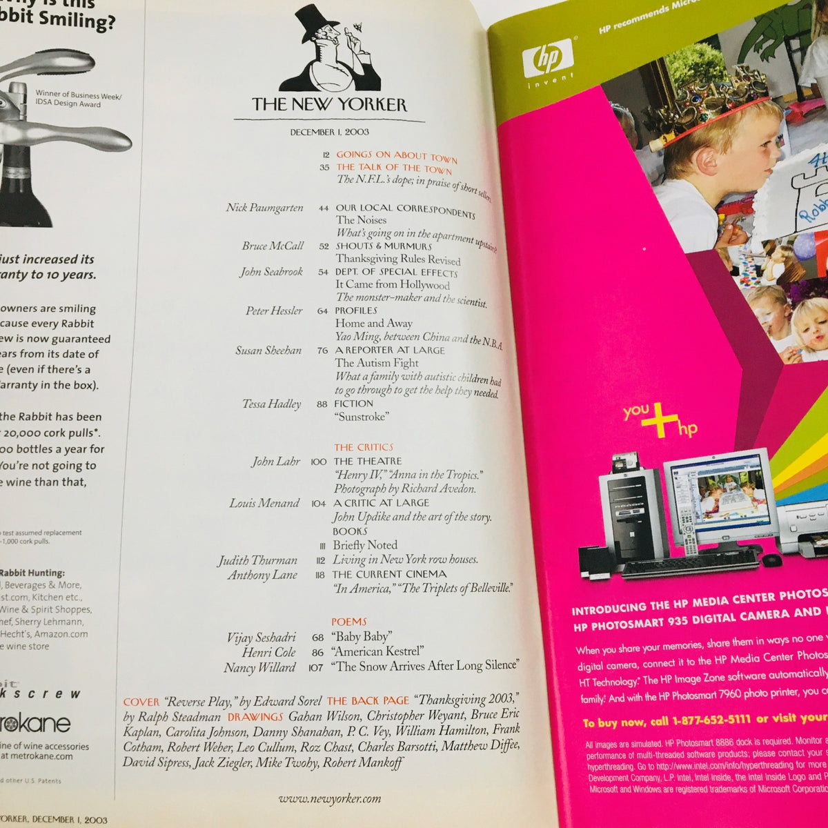 Interior page of The New Yorker December 1 2003, featuring the contents list alongside an advertisement, providing insights into the magazine's articles and features from that issue.