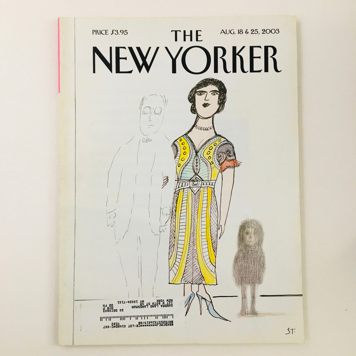 Cover of The New Yorker Full Magazine August 18 2003 featuring Family Portrait by Saul Steinberg, showcasing a unique drawing of a woman in a colorful dress alongside two ghost-like figures.