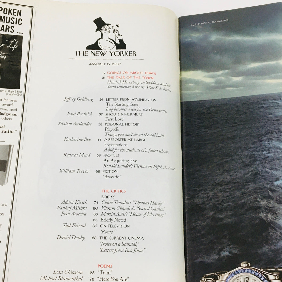 Interior page of The New Yorker Full Magazine January 15 2007 showcasing the table of contents including notable contributors like Jeffrey Goldberg and poems by various authors.