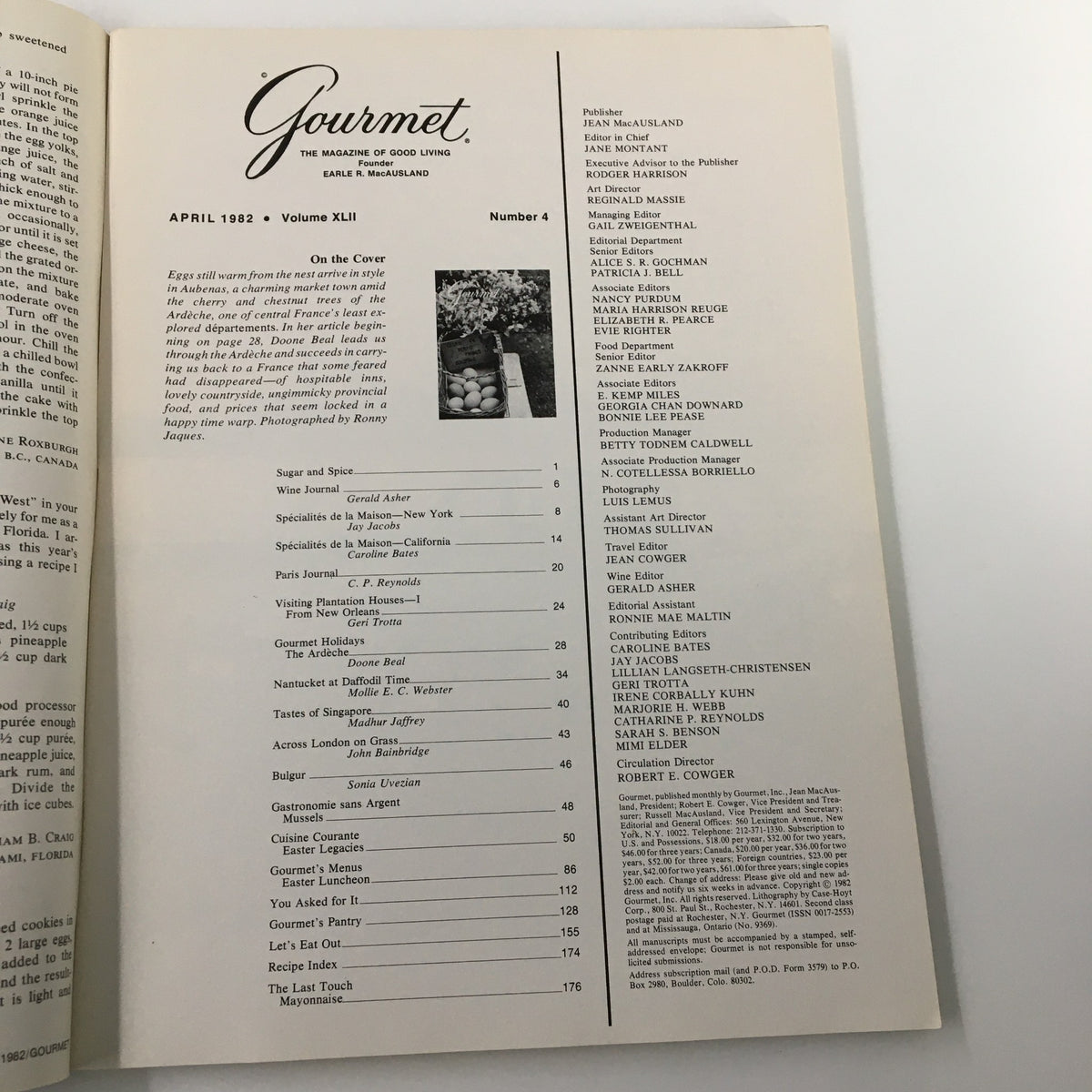 Inside page of VTG Gourmet Magazine April 1982 featuring the table of contents. The magazine theme is 'Nest Arrive in Style in Aubenas'. A detailed list of articles and recipes from the early 1980s is shown, highlighting gourmet food trends of the era.