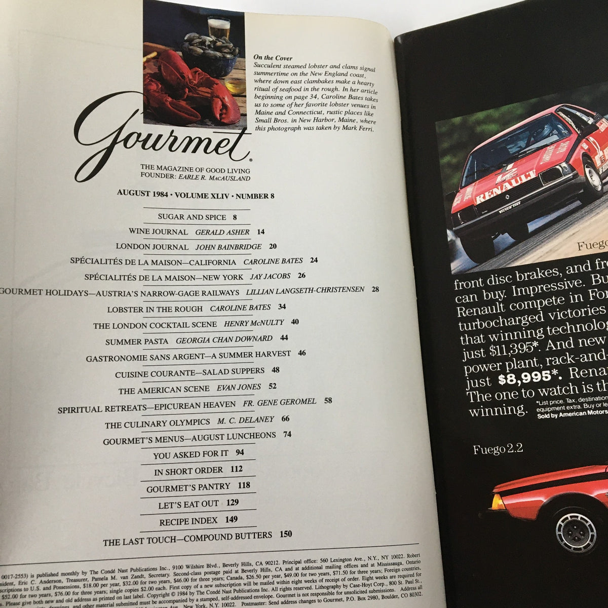 Contents page of VTG Gourmet Magazine August 1984, detailing articles and recipes including seafood themes and culinary insights from the issue.