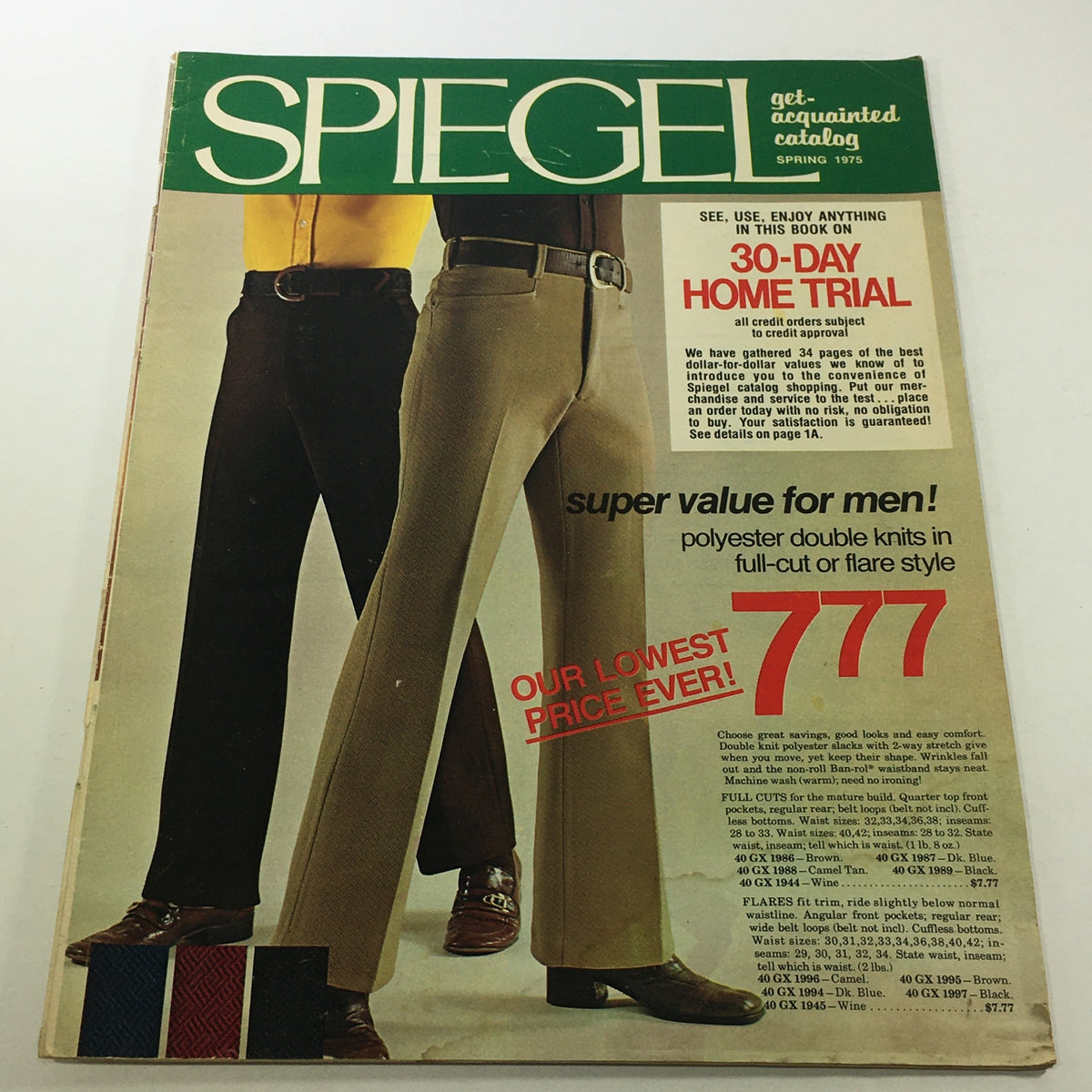 VTG Spiegel Magazine: Spring 1975 cover showcasing men's fashion with a focus on polyester double-knits and pricing information.