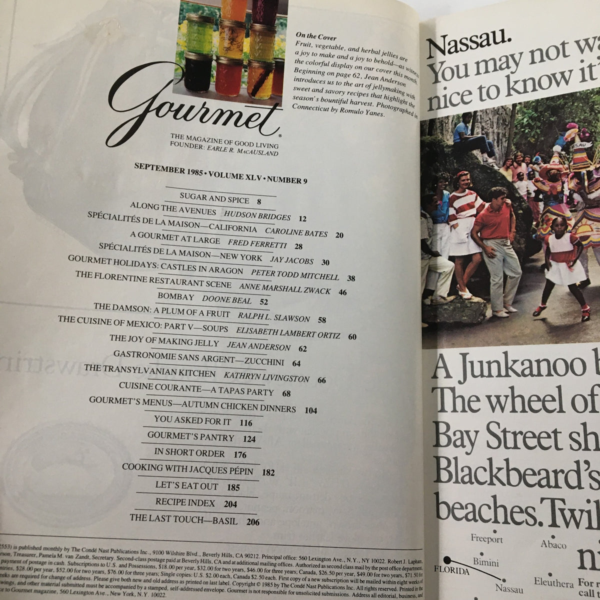 Interior page of VTG Gourmet Magazine September 1985, displaying the contents list including articles on gourmet cuisine and recipes, reflecting the culinary culture of the time.
