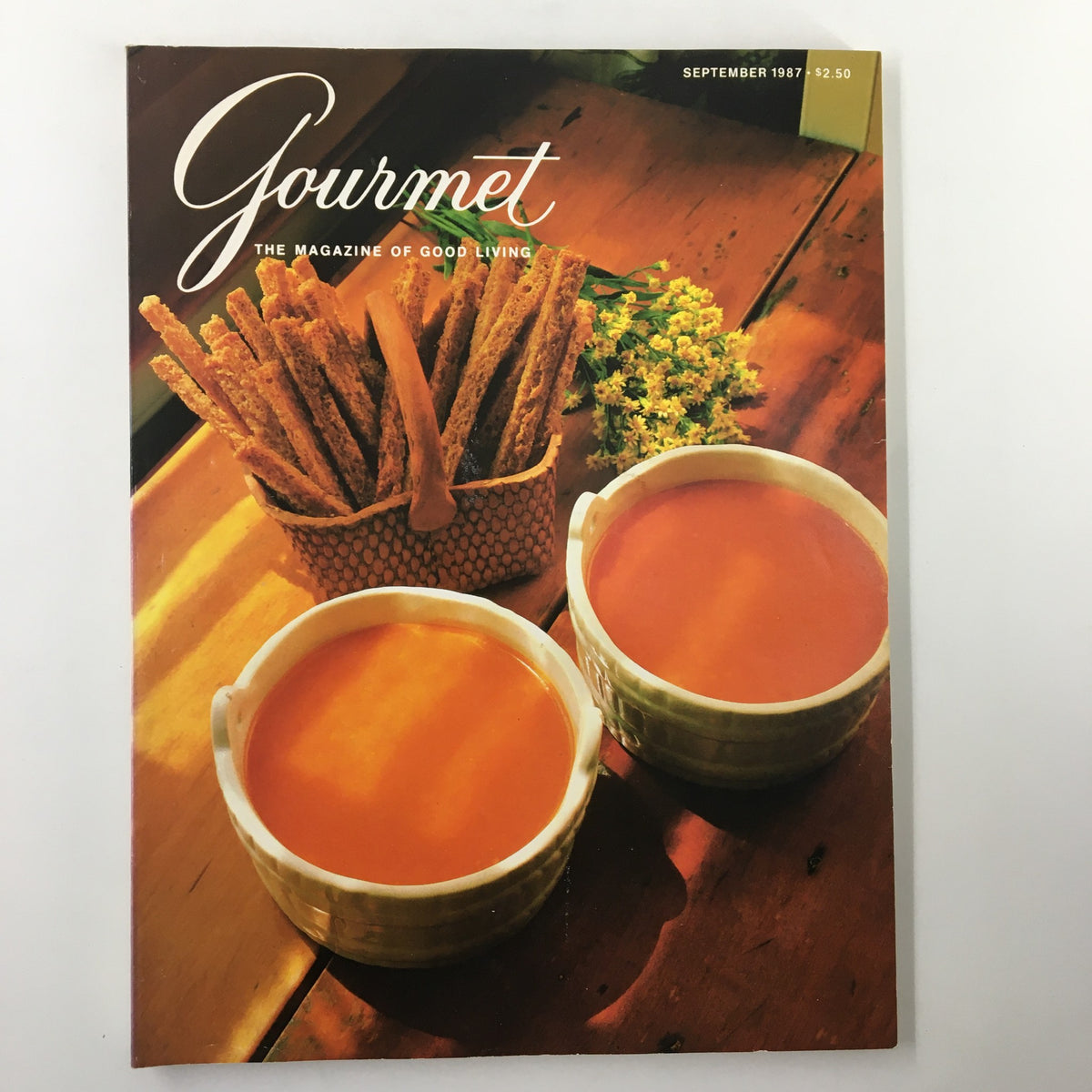 VTG Gourmet Magazine September 1987 cover featuring two bowls of soup and a basket of breadsticks, showcasing the theme 'The Gastronomic World of Balzac'.