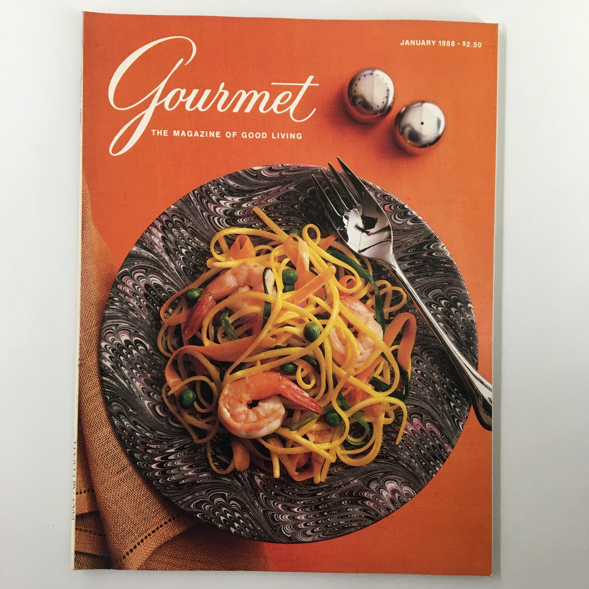 Cover of VTG Gourmet Magazine January 1988 featuring linguine with shrimp and vegetables, highlighting the theme 'The Simple Luxury of Linguine.'